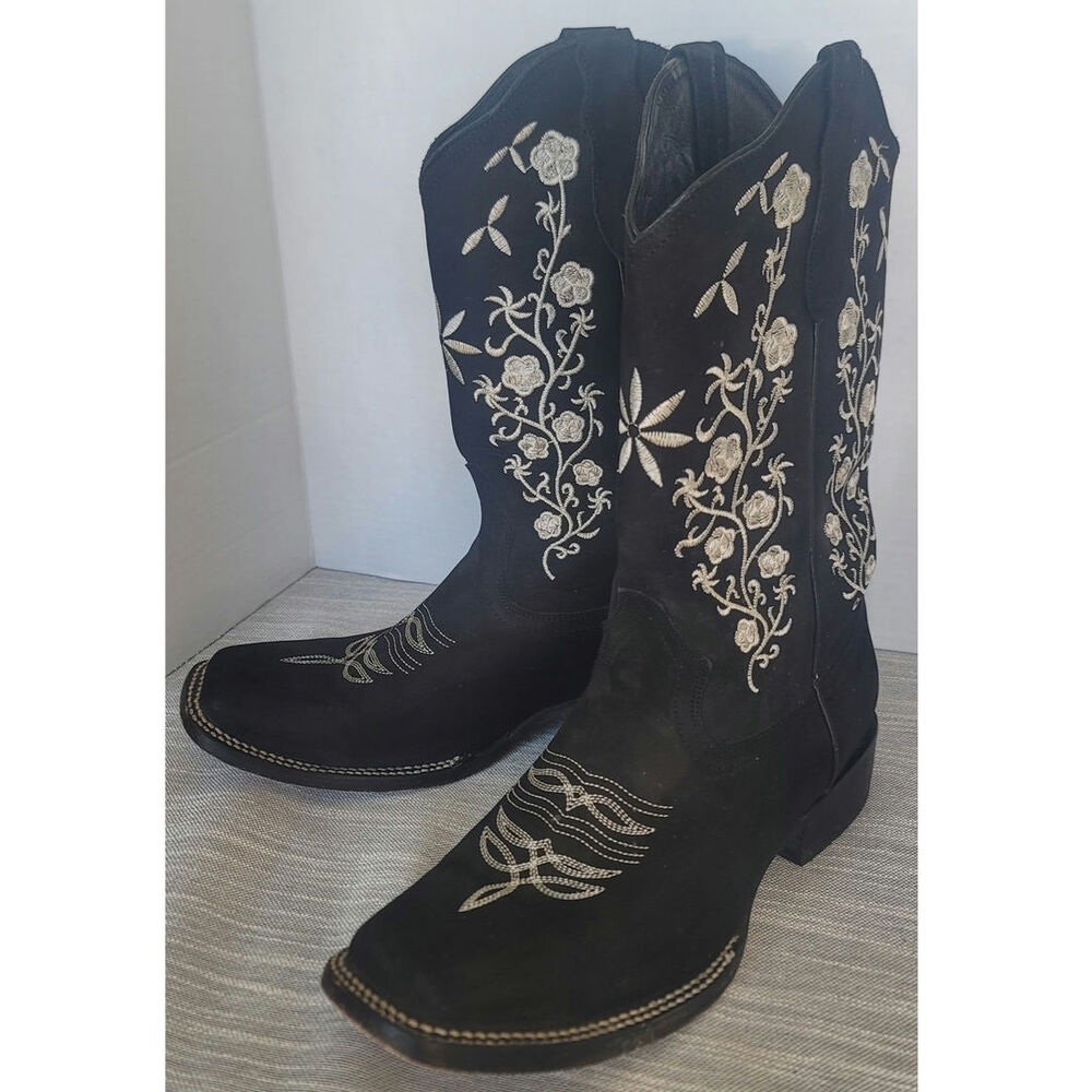 Women’s Floral Embroidered Square Toe Mid-Calf Western Boot Genuine Black Suede